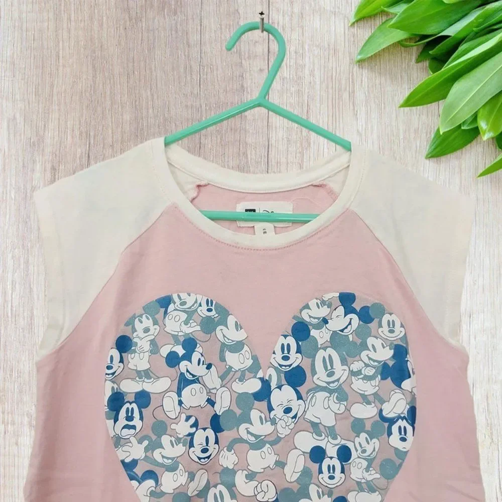 Gap Kids Disney Girls Top Size 8 Pink White Curved Hem Raglan Sleeve